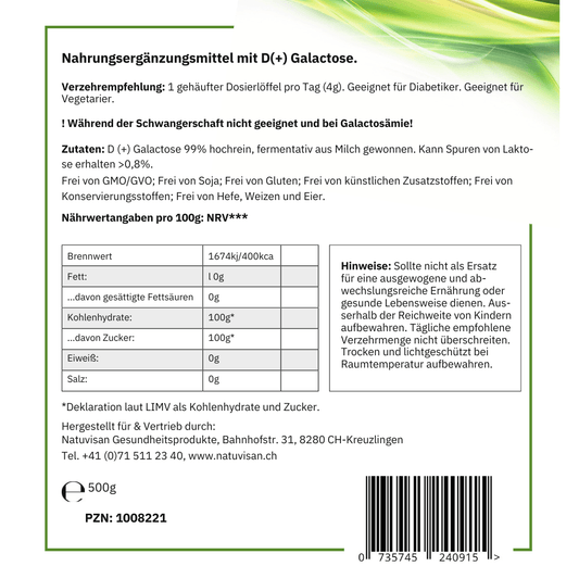 D(+) GALACTOSE 99% hochrein - Pulver 500gNahrungsergänzungsmittel
Galactose ist ein Einfachzucker, der auch als Galaktose bekannt ist. Er gehört zur Gruppe der Monosaccharide. Galactose spielt eine wichtig
