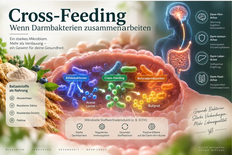 Cross-Feeding im Darmmikrobiom – Zusammenspiel von Darmbakterien, Ballaststoffen und mikrobiellen Stoffwechselprodukten wie Butyrat