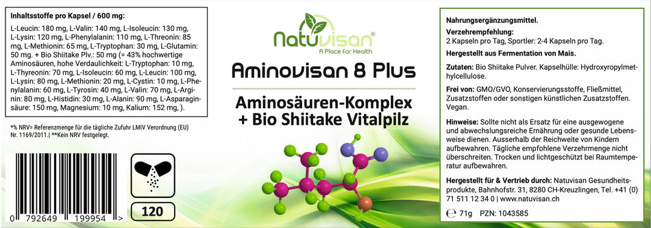 Aminovisan 8 Plus EAA Aminosäuren mit L-Glutamin & Vitalpilz vegan 120 Kapseln