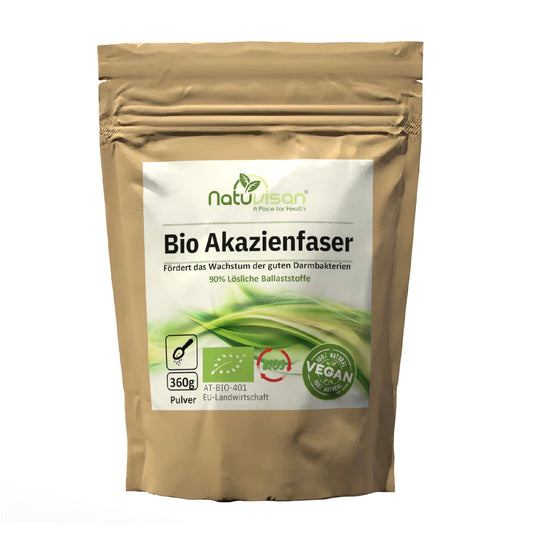 Akazienfaser – natürlicher, löslicher Ballaststoff. Unterstützt Verdauung, Darmflora & Mikrobiom. Sanft, gut verträglich & vielseitig einsetzbar.