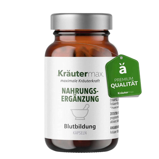 Kräutermax Blutbildung Eisen mit Vitamin C 90 Stück, unterstützt rote Blutkörperchen, vegan und eisenreich.