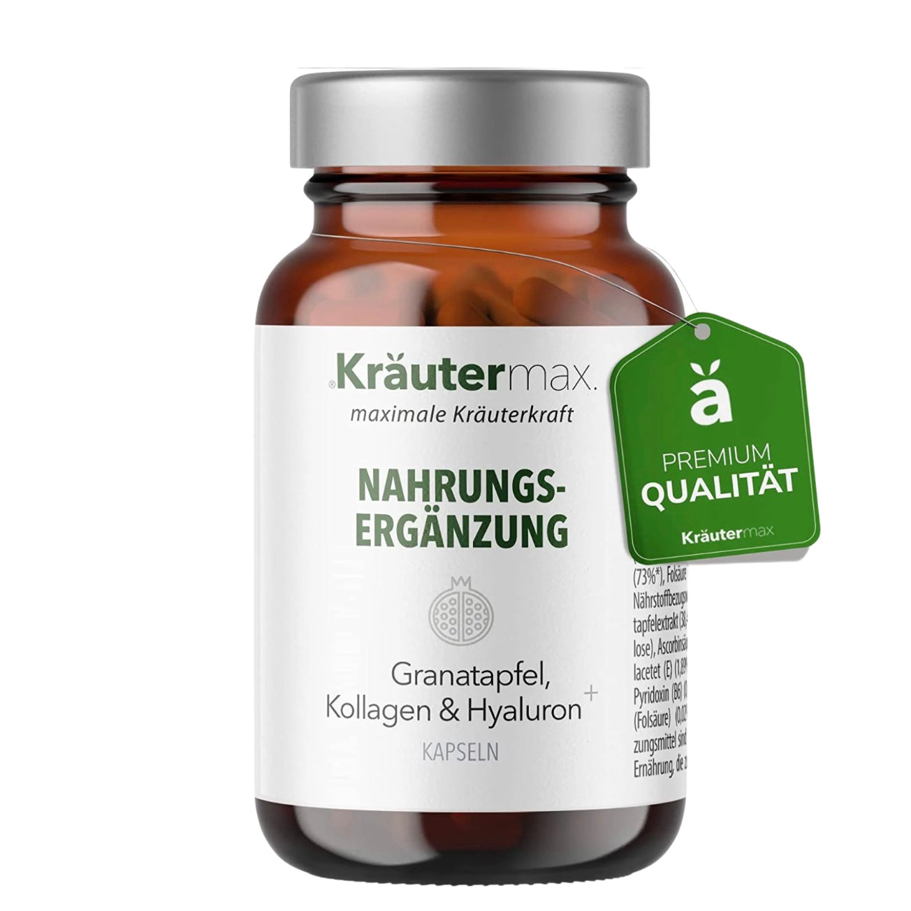 Kräutermax Granatapfel + Kollagen + Hyaluronsäure Komplex: Premiumqualität mit Granatapfelextrakt, Vitaminen und mehr. Einfach täglich 2 Kapseln genießen.