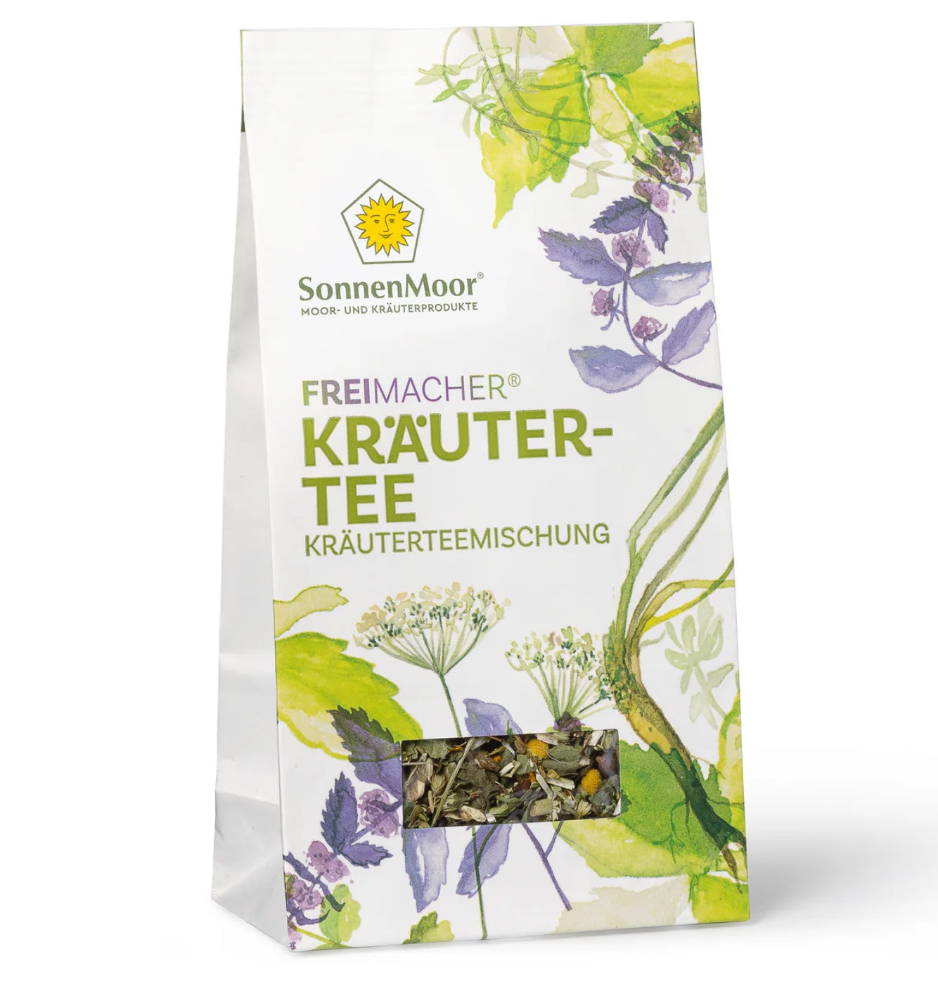 Packung SonnenMoor Kräutertee Freimacher – 20 Teebeutel in einer natürlichen Verpackung, die eine Mischung aus Kräutern zur Unterstützung der Atemwege und des Wohlbefindens zeigt