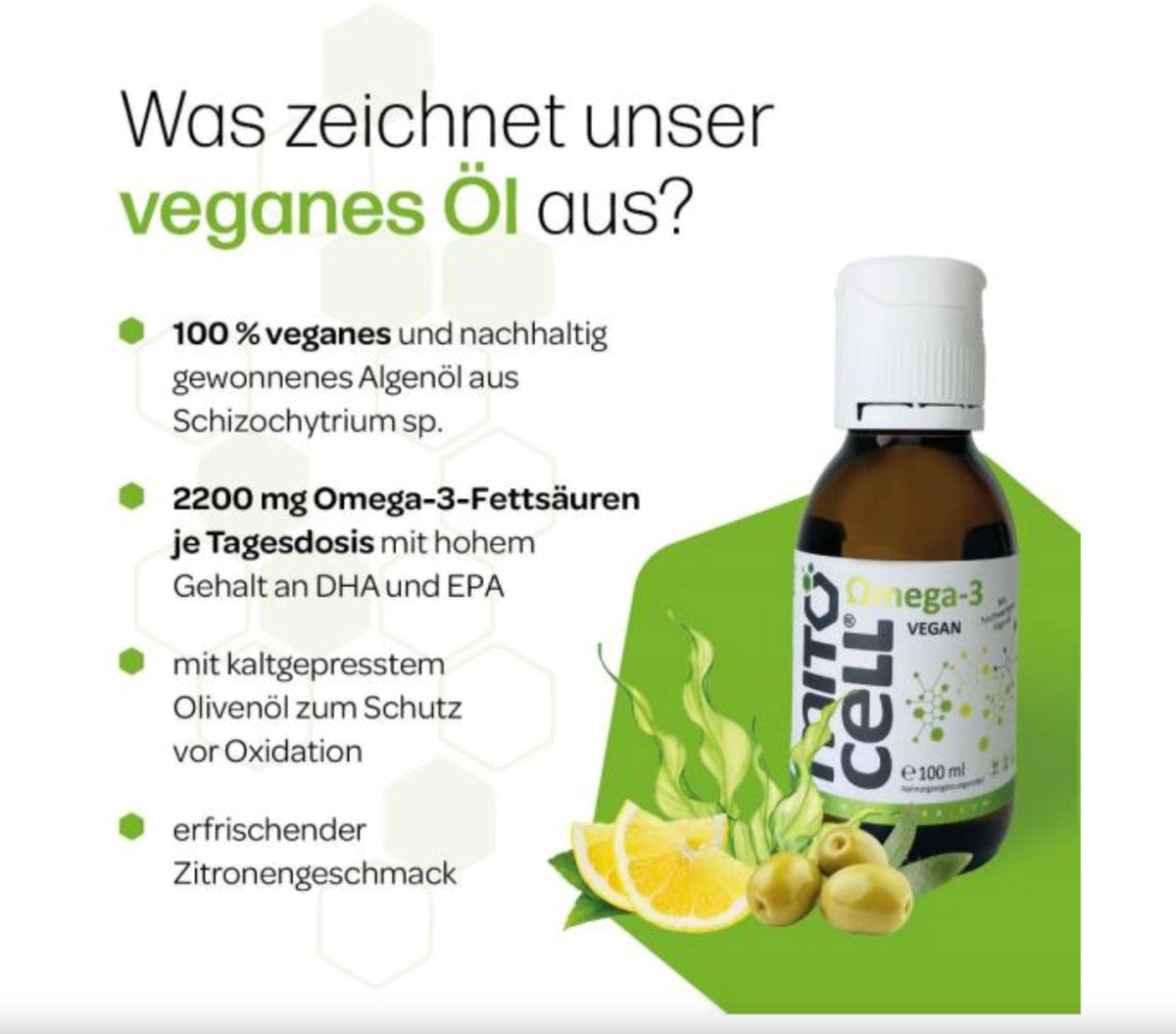 Mitocell Omega 3 Algen Öl-3 vegan - 100mlUnser Mitocell Omega 3 Vegan Öl basiert auf einer einzigartigen Kombination aus hochdosiertem Algenöl, aus der Mikroalge Schizochytrium sp., mit einem extrem hohen G