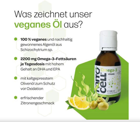 Mitocell Omega 3 Algen Öl-3 vegan - 100mlUnser Mitocell Omega 3 Vegan Öl basiert auf einer einzigartigen Kombination aus hochdosiertem Algenöl, aus der Mikroalge Schizochytrium sp., mit einem extrem hohen G
