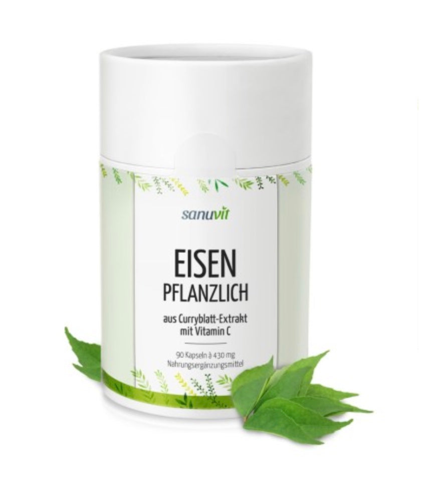 Eisen Komplex pflanzlich + Vitamin C (aus Curryblatt-Extrakt) vegan  -Qualitätsprodukt mit natürlichem Eisen aus Curryblatt-Extrakt kombiniert mit Vitamin C aus fünf natürlichen Pflanzenextrakten. Eisen aus Curryblattextrakt ist pflanz