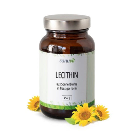 Lecithin Öl aus Sonnenblumenkernen, 150g Glasflasche mit Sonnenblumenmotiven.