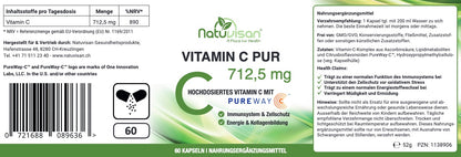 VITAMIN C PUR PureWay-C® – Premium Qualität hochdosiert 712,5 mg - 60 Kapseln