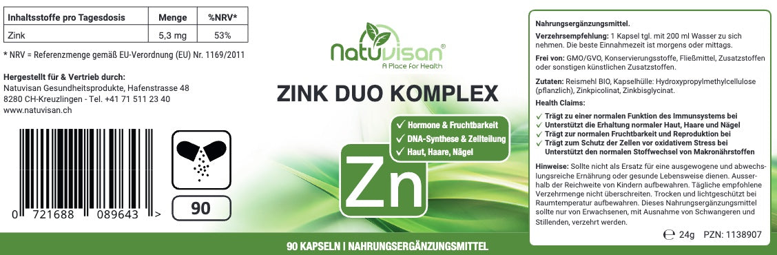 ZINK DUO KOMPLEX - Hoch bioverfügbares Zink - 90 Kapseln