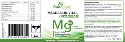 Magnesium Komplex Vital Performance PLUS Taurin, L-Threonin und B6 - 120 Kapseln