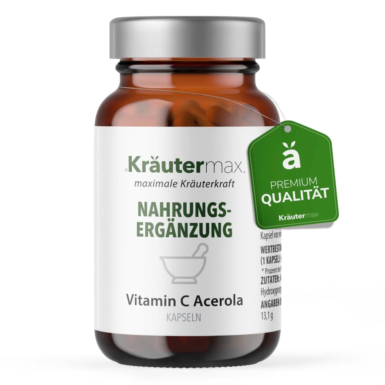 Kräutermax Vitamin C mit Acerola Extrakt, 500 mg, Nahrungsergänzung, 60 Kapseln, Schutz vor oxidativem Stress, Immunsystem-Unterstützung.