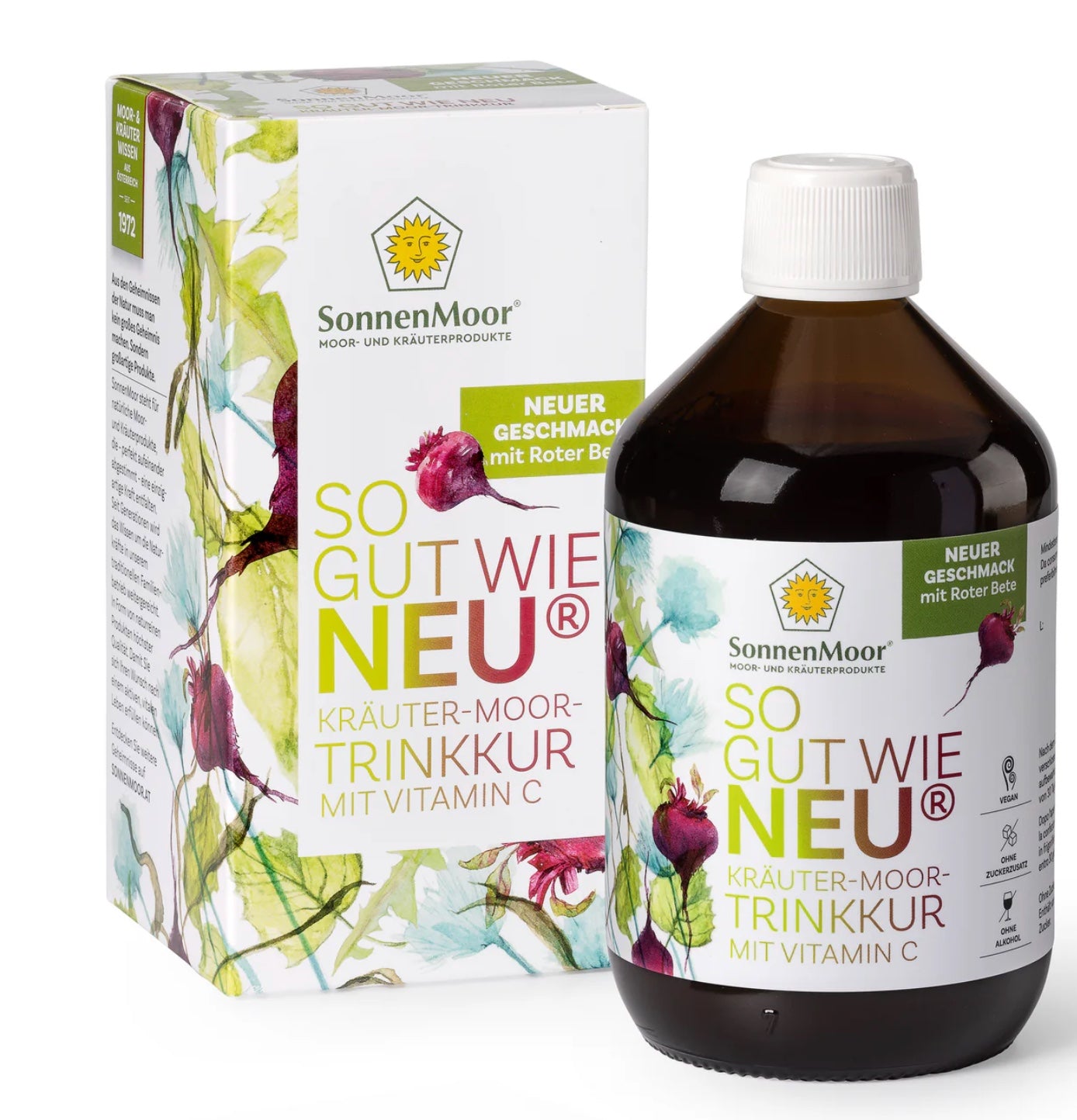 Entdecken Sie die Trinkkur mit Roter Bete! Eine alkoholfreie Kräuterkur von SonnenMoor für die innere Reinigung und Entgiftung des Körpers in nur 20 Tagen.