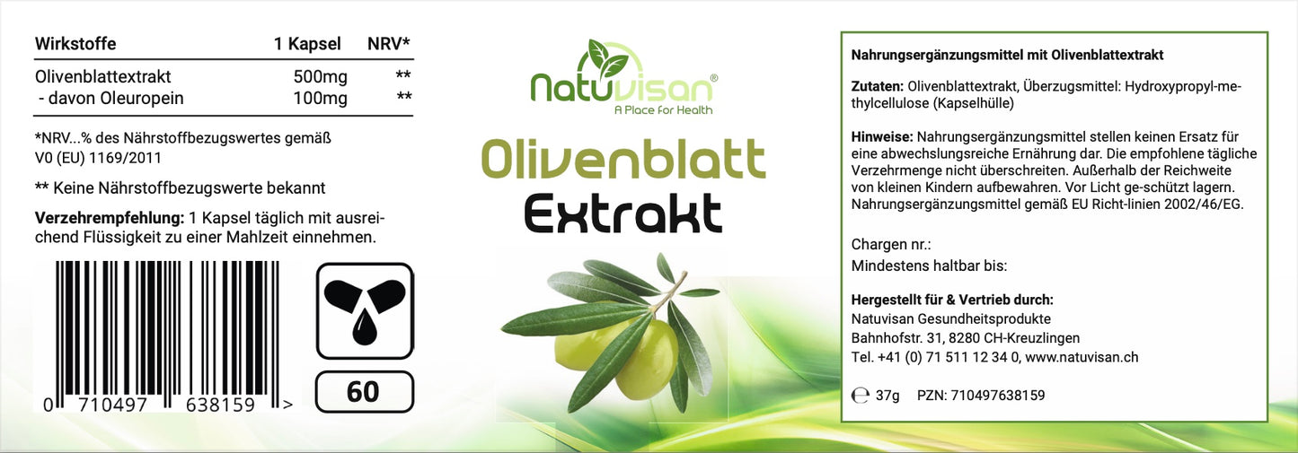 OLIVENBLATT-EXTRAKT 500 mg - 20% Oleuropein + 3 % Hydroxytyrosol - 60 Kapseln