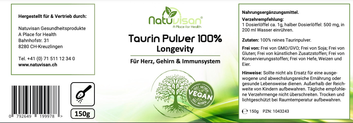 TAURIN Pulver Antioxidans - Longevity - 100% hochrein vegan - Pulver 150g