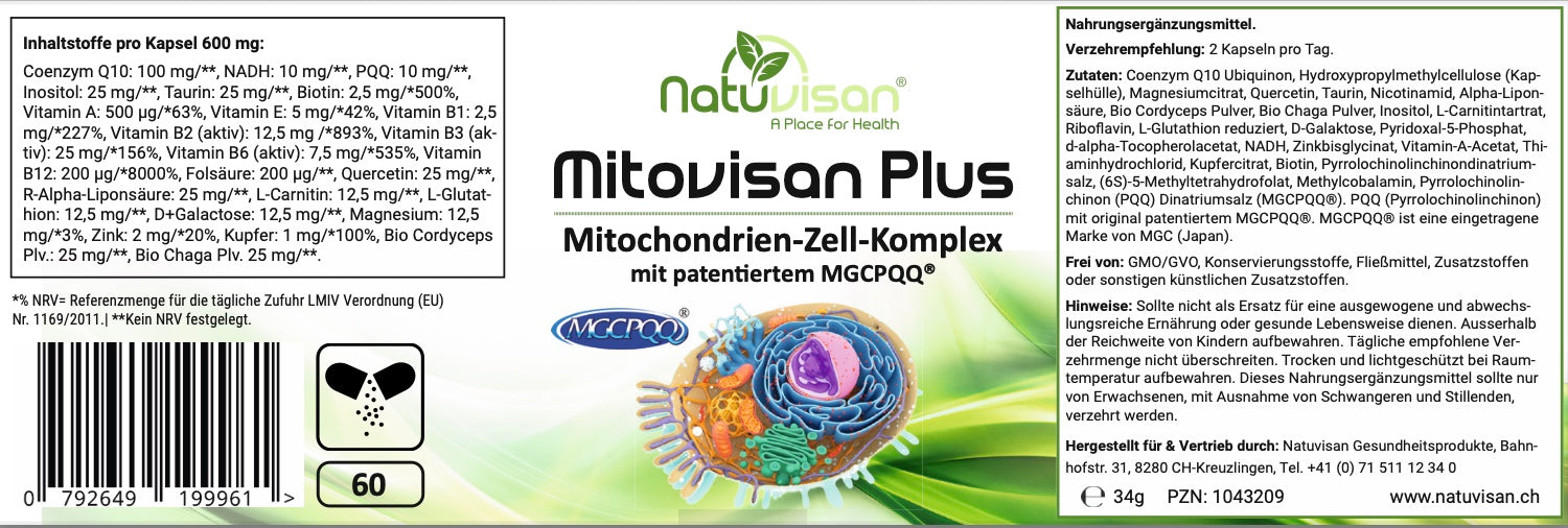 MITOVISAN PLUS - Zellkraft-Komplex mit patentiertem PQQ MGCPQQ®, Q10, NADH - 60 Kapseln