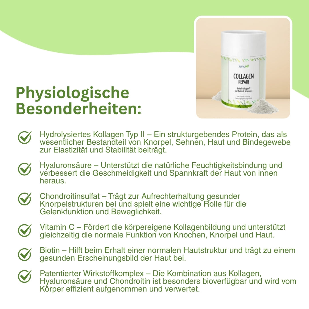 Hochwertige Collagen-Repair Kapseln – enthalten bioverfügbares BioCell Collagen® sowie Vitamin C zur Unterstützung der Kollagenbildung und Biotin für gesunde Hautstrukturen.