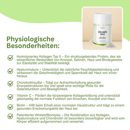 Hochwertige Collagen-Repair Kapseln – enthalten bioverfügbares BioCell Collagen® sowie Vitamin C zur Unterstützung der Kollagenbildung und Biotin für gesunde Hautstrukturen.