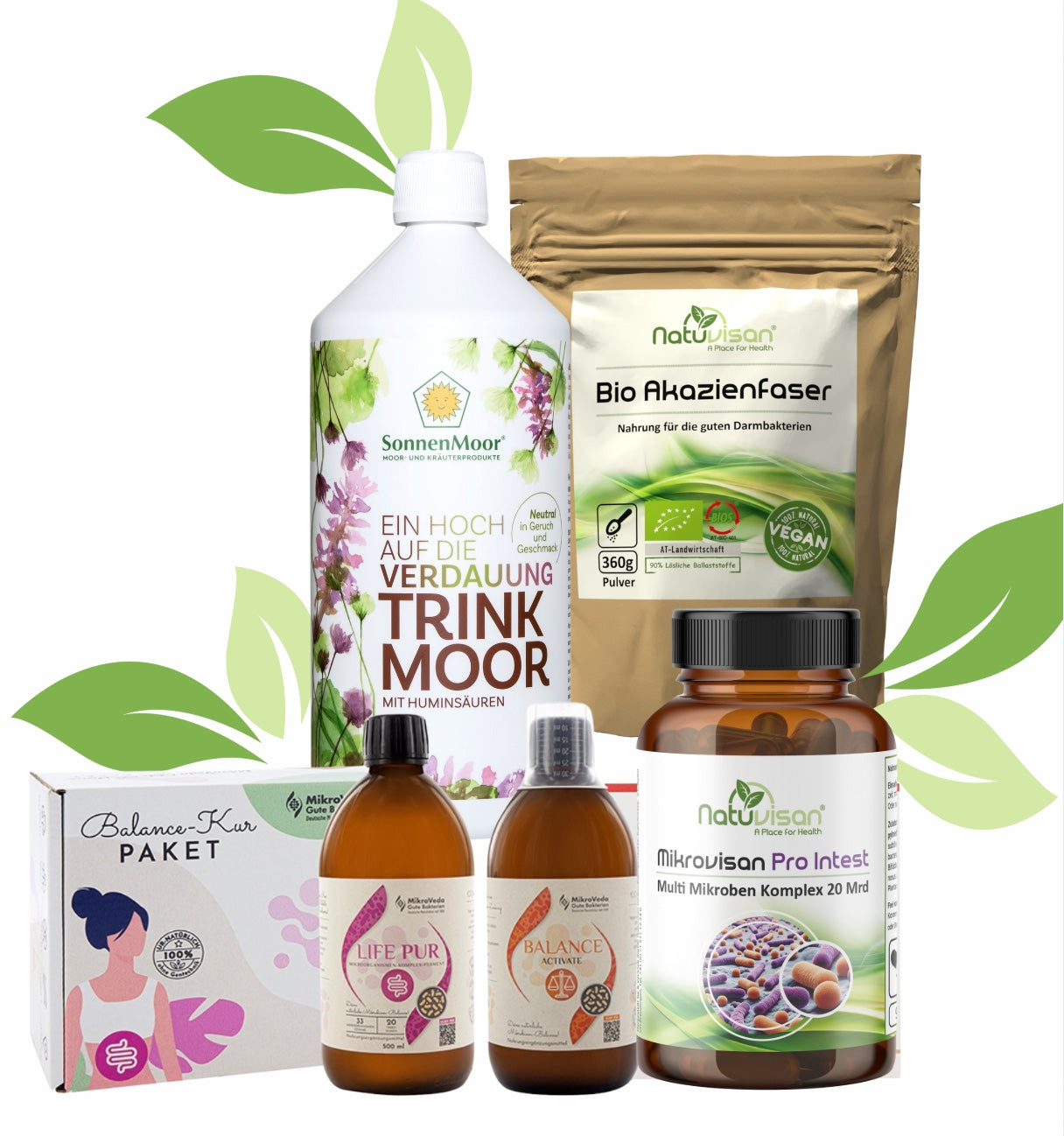 NATUVISAN Mikrobiom-Reset-Set mit Sporenprobiotika, effektiven Mikroorganismen, Bio Akazienfaser und Trinkmoor – zur Unterstützung von Darmsanierung, Mikrobiom-Regeneration und Schleimhautpflege nach Antibiotika