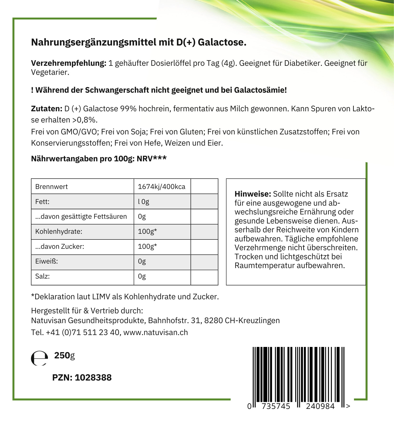 D(+) GALACTOSE 99% hochrein - Hirnzucker Pulver - 250g