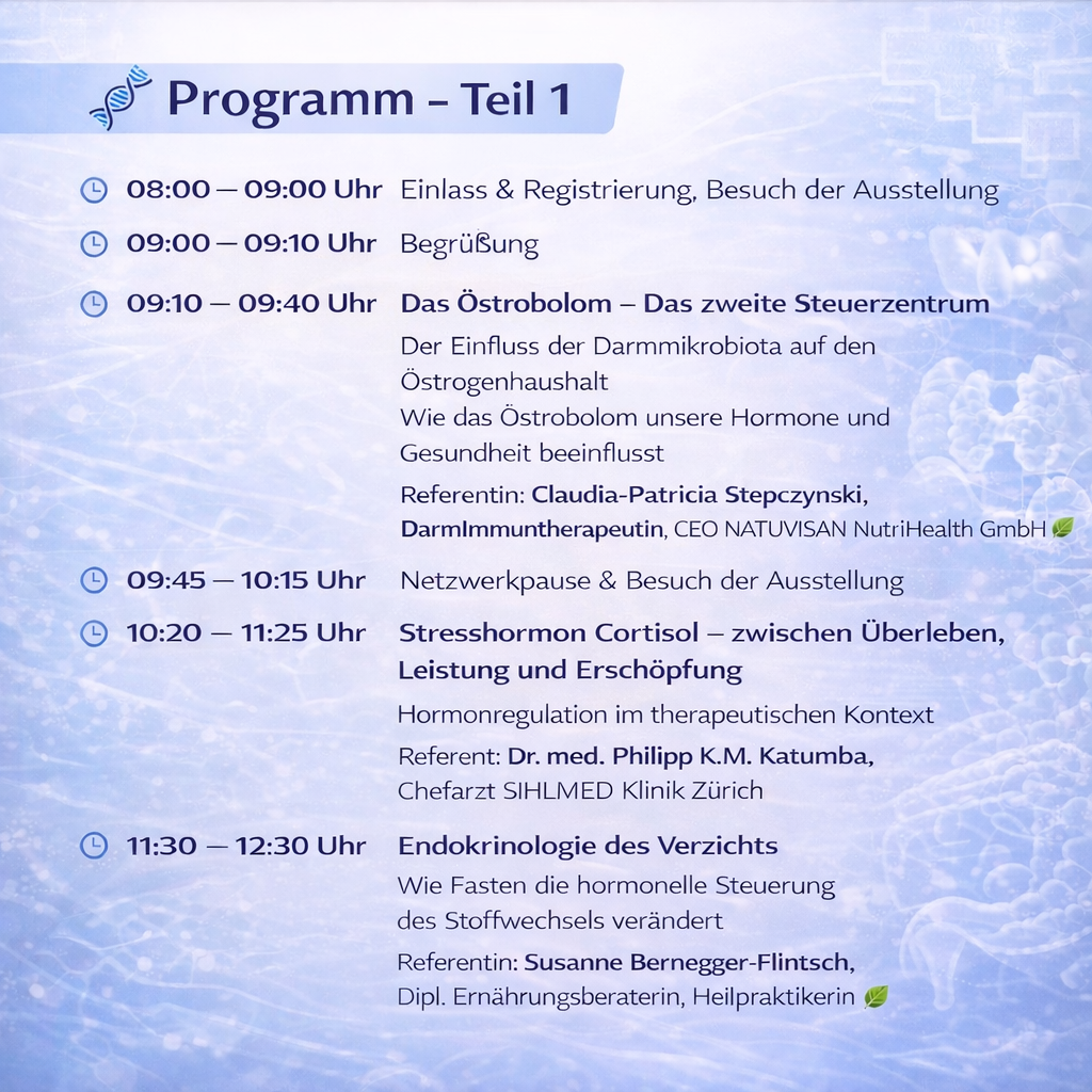 Programmübersicht des Hormonfachkongresses 2026 mit Fachvorträgen zu Östrobolom, Stresshormon Cortisol und hormoneller Stoffwechselregulation durch Fasten