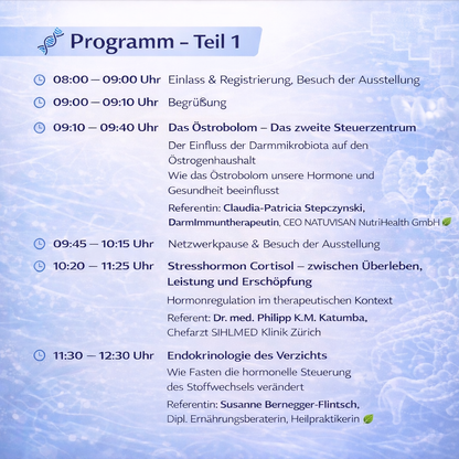 Programmübersicht des Hormonfachkongresses 2026 mit Fachvorträgen zu Östrobolom, Stresshormon Cortisol und hormoneller Stoffwechselregulation durch Fasten