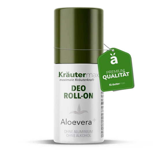 Deo Roll-On Aloe Vera Plus von Kräutermax – sanftes Deo ohne Aluminium und Alkohol, mit Aloe Vera, Zink und Kräuterextrakten wie Rosmarin, Lavendel und Kamille. Ideal für empfindliche Haut, spendet Feuchtigkeit und sorgt für langanhaltende Frische.

