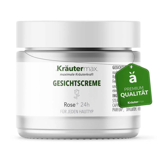 Gesichtscreme Rose Plus 24h von Kräutermax – luxuriöse Tages- und Nachtpflege mit Rosenblütenwasser, Aloe Vera, Sheabutter & Macadamianussöl. Spendet Feuchtigkeit, beruhigt und macht die Haut zart und geschmeidig.