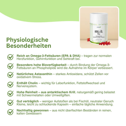 Natürliches Krillöl aus antarktischem Euphausia superba – reich an Omega-3, Astaxanthin und Phospholipiden, fördert Herz-Kreislauf, Gehirnfunktion und antioxidativen Schutz.