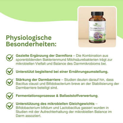 Probiotische Komplexformel mit sporenbildenden Bakterien und Milchsäurekulturen – inklusive magensaftresistenter Kapsel und Vitaminen zur Unterstützung der Darmbarriere und Immunfunktion.