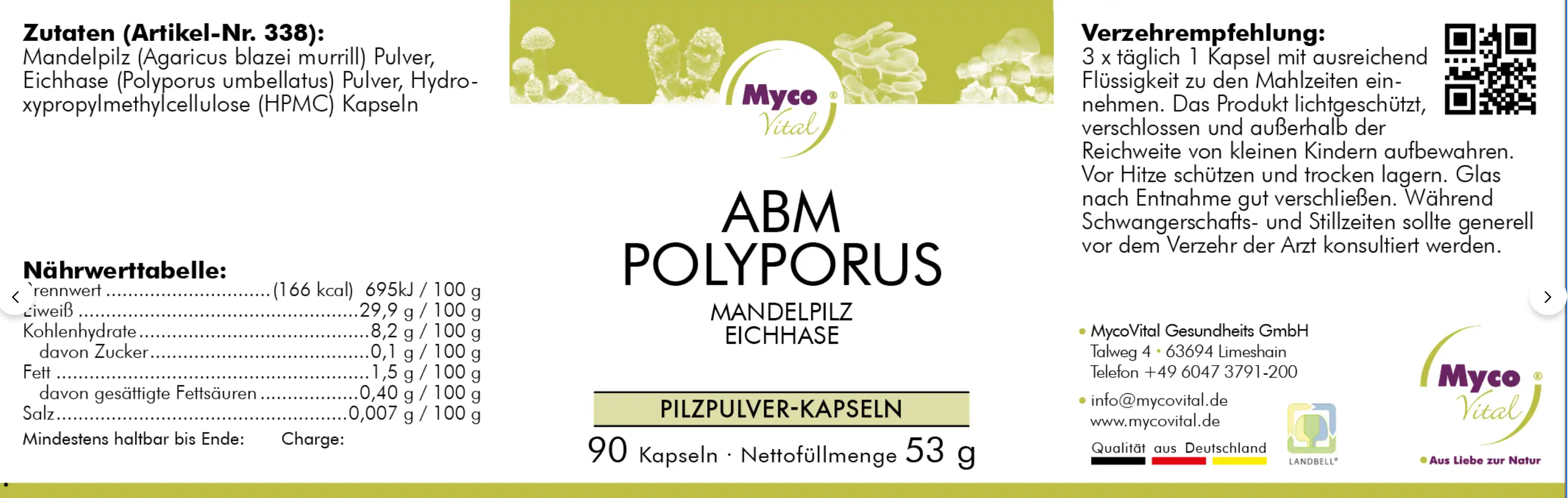 Bio-Vitalpilz Kapseln aus Agaricus blazei murill und Polyporus umbellatus, schonend verarbeitet in Deutschland
