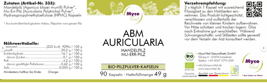 Bio-Vitalpilz Kapseln aus Mandelpilz und Mu-Err-Pilz, schonend verarbeitet im Bio-zertifizierten Betrieb in Deutschland
