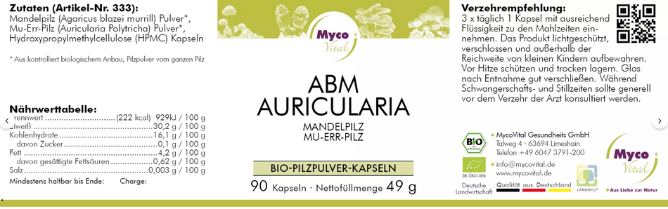 Bio-Vitalpilz Kapseln aus Mandelpilz und Mu-Err-Pilz, schonend verarbeitet im Bio-zertifizierten Betrieb in Deutschland
