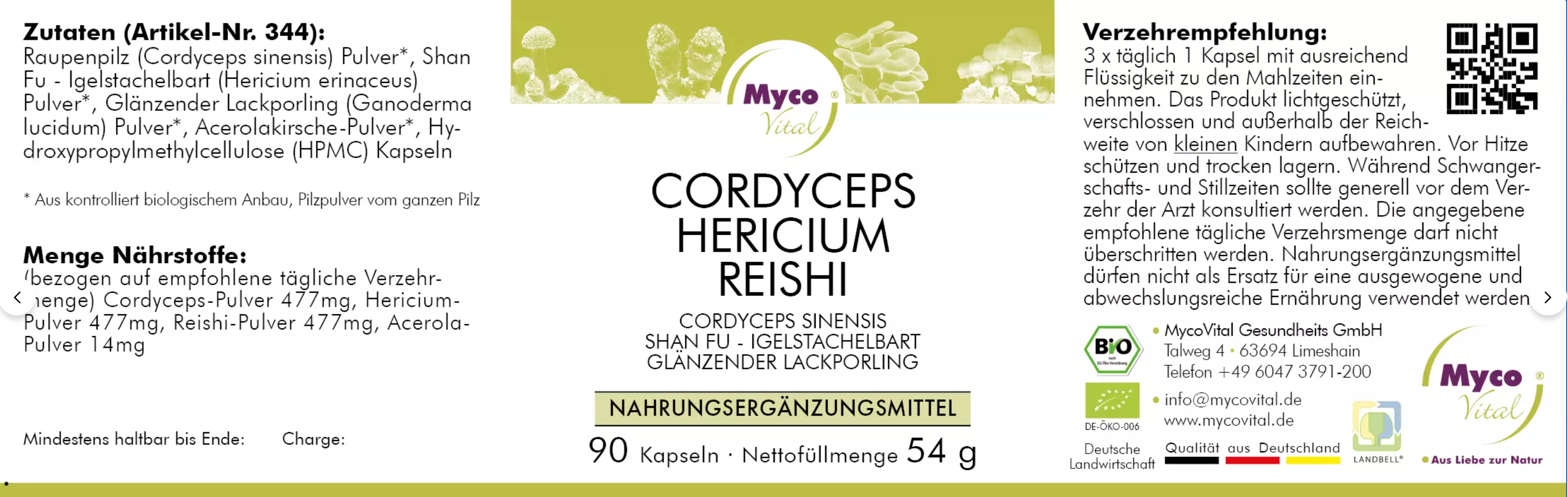 Bio-Pilzpulver Kapseln aus Cordyceps sinensis, Hericium erinaceus und Ganoderma lucidum, schonend verarbeitet in Deutschland
