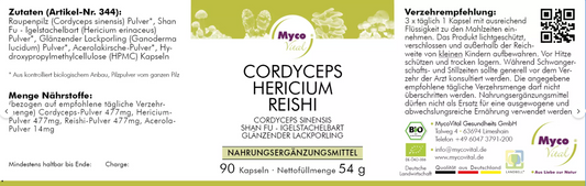 Bio-Pilzpulver Kapseln aus Cordyceps sinensis, Hericium erinaceus und Ganoderma lucidum, schonend verarbeitet in Deutschland
