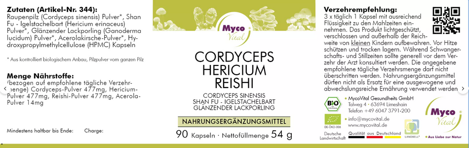 Bio-Pilzpulver Kapseln aus Cordyceps sinensis, Hericium erinaceus und Ganoderma lucidum, schonend verarbeitet in Deutschland
