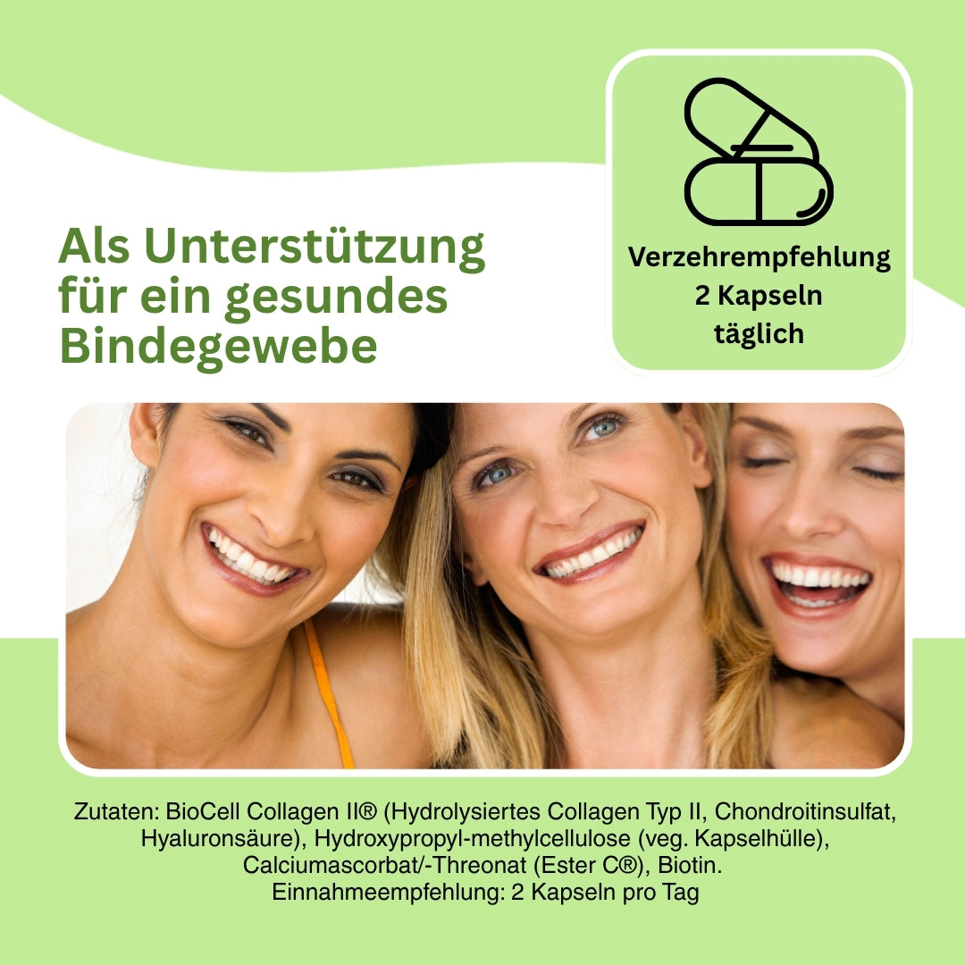 Collagen-Repair Kapseln – Kombination aus hydrolysiertem Kollagen Typ II, Hyaluronsäure, Chondroitinsulfat, Vitamin C und Biotin für Elastizität, Gelenkfunktion und Hautgesundheit.