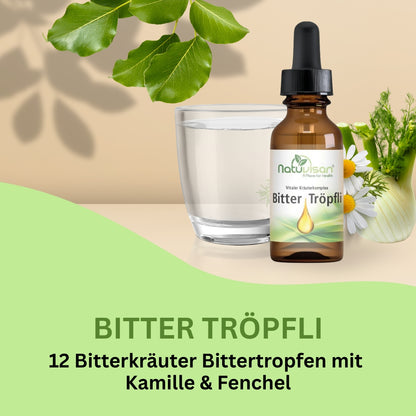 Bitter Tröpfli – Natürliche Kräutermischung mit Mariendistel, Enzian, Löwenzahn und Schafgarbe zur Unterstützung biologischer Stoffwechselprozesse.
