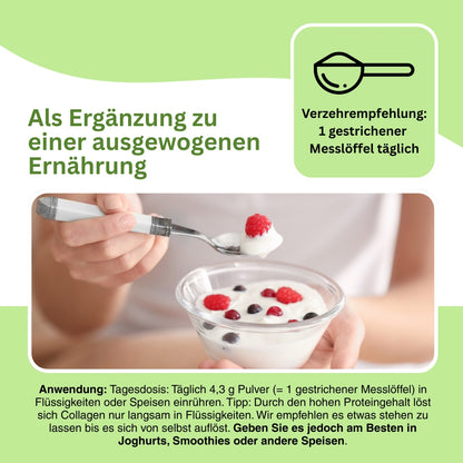 Natürliches Collagen Pulver von grasgefütterten Rindern – mit niedermolekularer Hyaluronsäure und Vitamin C, unterstützt Hautelastizität, Hydration und die Kollagenbildung.