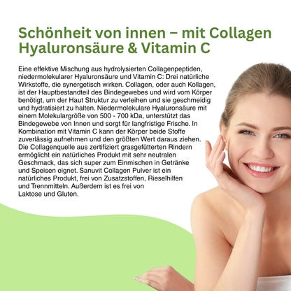 Collagen Pulver – frei von Laktose, Gluten und Zusatzstoffen, mit neutralem Geschmack, ideal zum Einmischen in Getränke, unterstützt Hautstraffheit und Zellgesundheit.