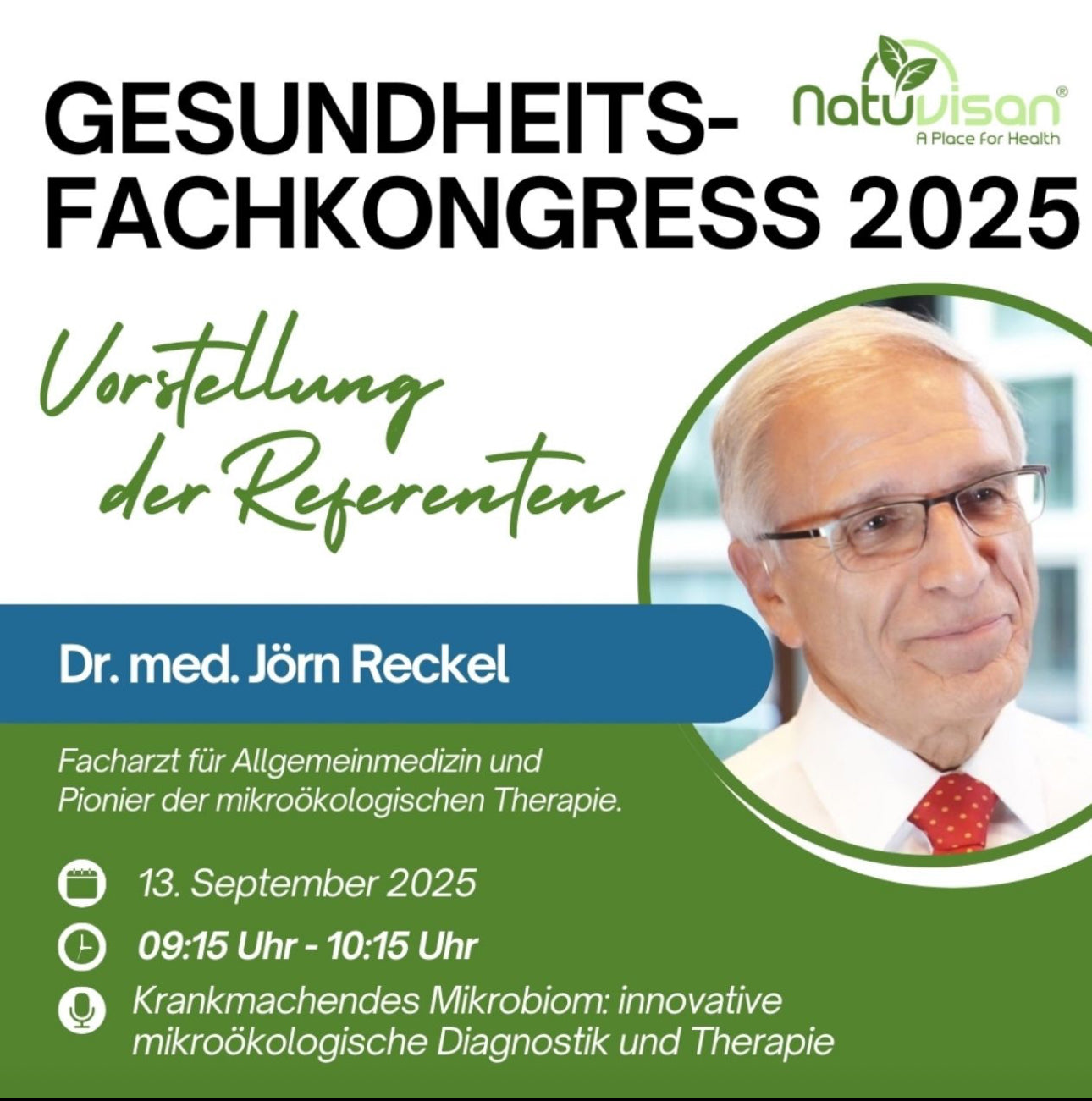Dr. med. Jörn Reckel: 
Krankmachendes Mikrobiom: innovative mikroökologische Diagnostik und Therapie

​Jüngste Forschungsergebnisse machen immer deutlicher, dass unser (Darm-)Mikrobiom über Gesundheit und Krankheit entscheidet. Außer dem „Unfall“ ist das Mikrobiom mehr oder weniger an jeder unserer Erkrankungen beteiligt. In dem Vortrag wird das Thema 