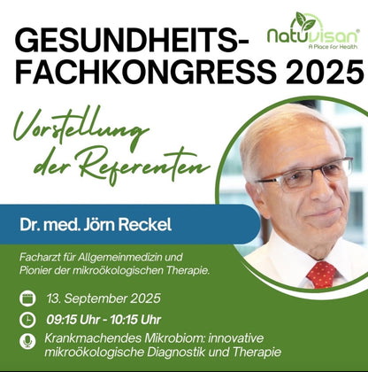 Dr. med. Jörn Reckel: 
Krankmachendes Mikrobiom: innovative mikroökologische Diagnostik und Therapie

​Jüngste Forschungsergebnisse machen immer deutlicher, dass unser (Darm-)Mikrobiom über Gesundheit und Krankheit entscheidet. Außer dem „Unfall“ ist das Mikrobiom mehr oder weniger an jeder unserer Erkrankungen beteiligt. In dem Vortrag wird das Thema "Darm krank - alles krank" anhand von Kasuistiken verdeutlicht und eine innovative Diagnostik und mikroökologische Therapie beschrieben.