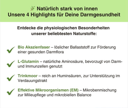 Natürliches Produktpaket von NATUVISAN zur ganzheitlichen Darmgesundheit, attraktiv arrangiert mit botanischen Elementen, ideal zur Förderung des inneren Gleichgewichts und Wohlgefühls.