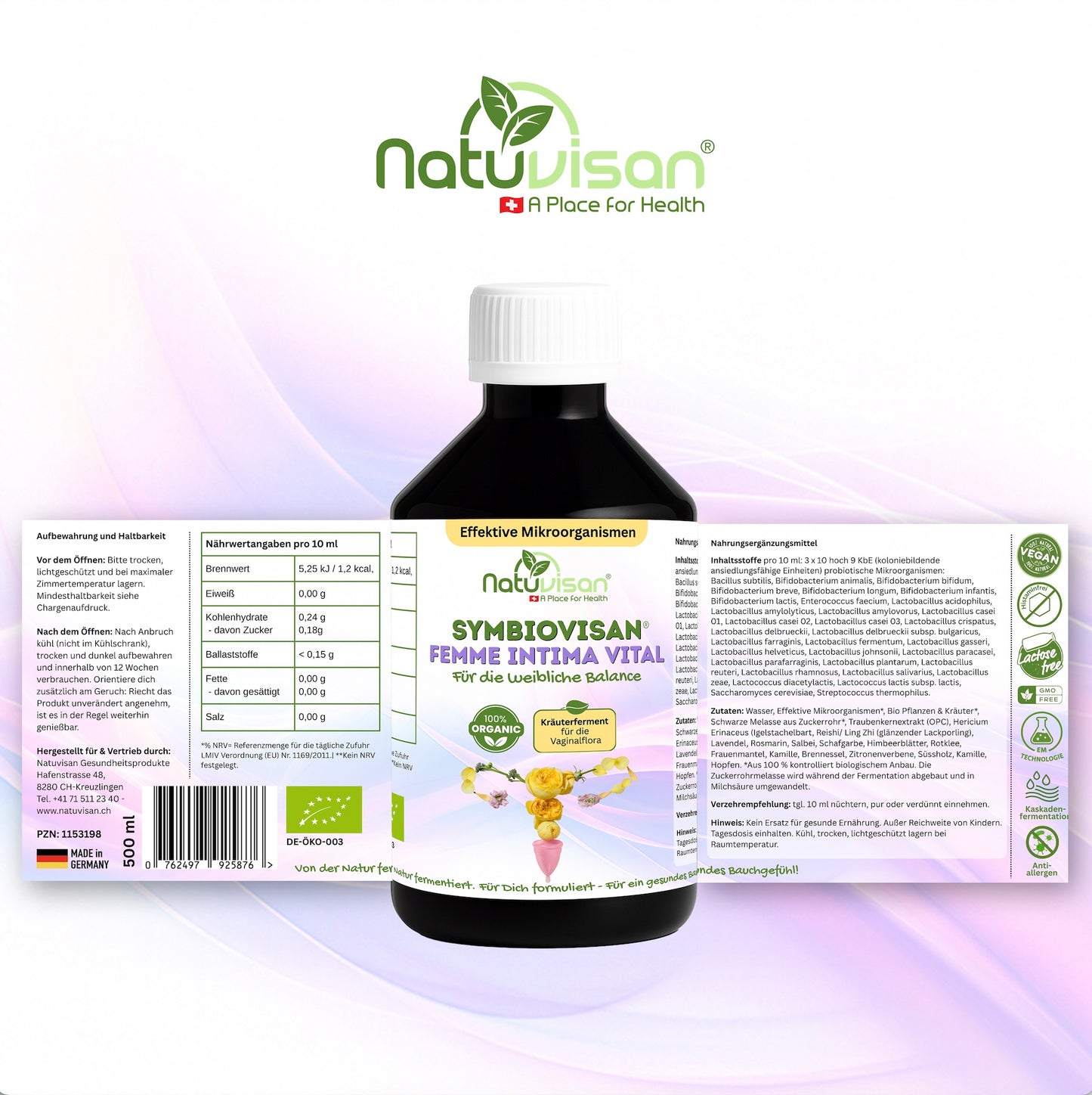 NATUVISAN Symbiovisan® Femme Intima Vital – Ferment mit Mikroorganismen, Rotklee, Frauenmantel & Hopfen zur Unterstützung der Vaginalflora & des Östroboloms.