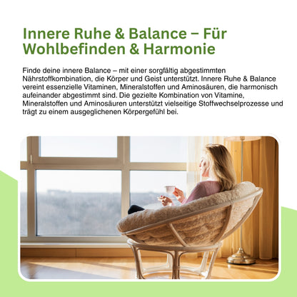 Abbildung mit Siegeln: vegan, gentechnikfrei, tierversuchsfrei – Natuvisan Innere Ruhe & Balance bietet eine pflanzliche, laborgeprüfte Rezeptur ohne künstliche Zusatzstoffe für ein bewusstes Lebensgefühl.