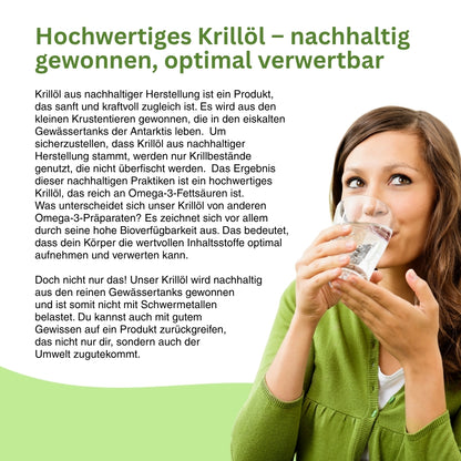 Krillöl Nahrungsergänzung – nachhaltiges Öl aus antarktischem Krill, reich an EPA, DHA und Antioxidantien, unterstützt Herzgesundheit, Gedächtnisleistung und Zellschutz.
