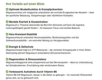 Natuvisan Magnesium Performance 5+2, stilvoll dargestellt – kraftvolle Formel mit fünf organischen und zwei anorganischen Magnesiumformen für dein tägliches Wohlbefinden und mehr Vitalität.