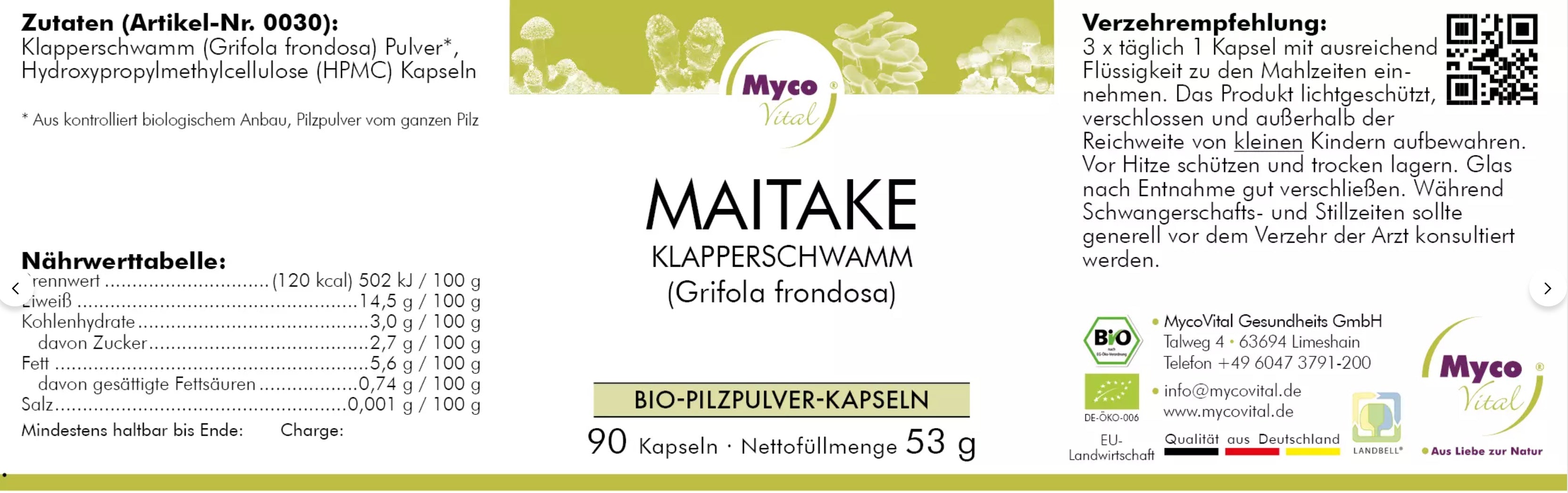 Natuvisan Myco Vital Maitake Etikett