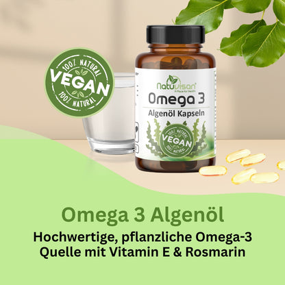 Natuvisan Omega-3-Algenöl-Kapseln – pflanzliche Alternative zu Fischöl, reich an EPA & DHA, nachhaltig aus kontrolliert kultivierten Mikroalgen gewonnen