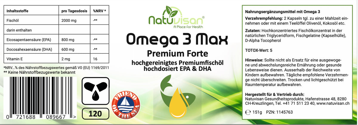 Etikett einer Omega-3-Fischöl-Weichkapsel-Dose – Hochreines Fischöl mit EPA und DHA, zur Unterstützung von Herz, Gehirn und Immunfunktion. 110 Kapseln.
