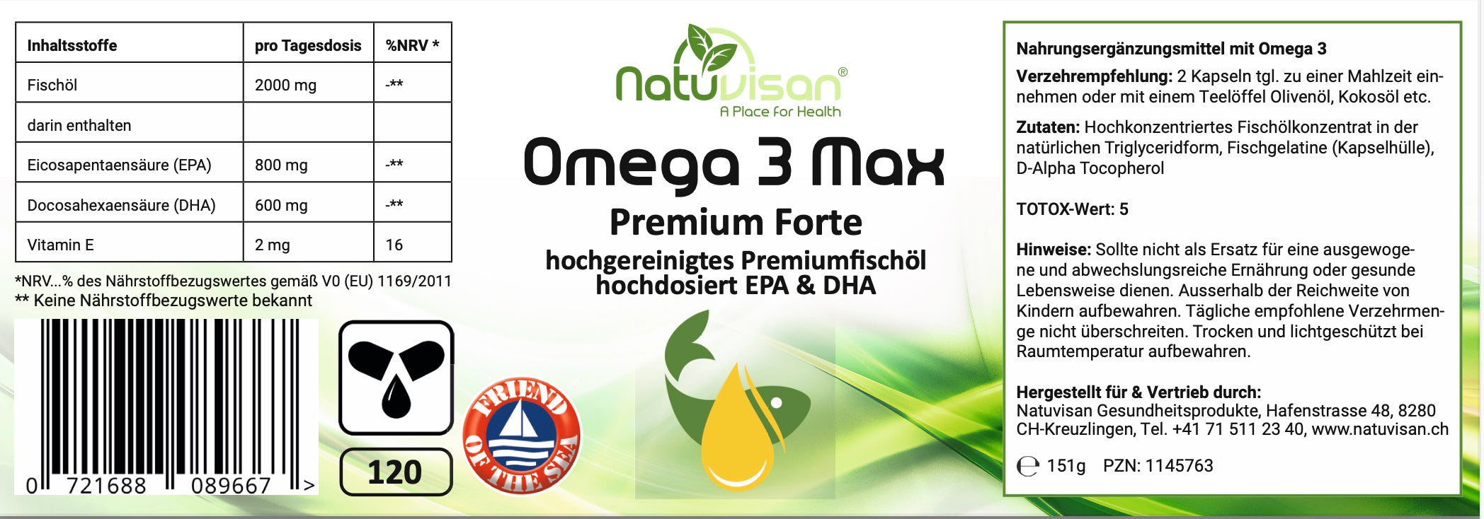 Etikett einer Omega-3-Fischöl-Weichkapsel-Dose – Hochreines Fischöl mit EPA und DHA, zur Unterstützung von Herz, Gehirn und Immunfunktion. 110 Kapseln.